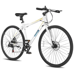 VEVOR Hybrid Bike, Lightweight Aluminum Frame Bike, 700c Wheel Men Women Hybrid Bicycle, Step-Over Adult Urban City Commuter Bikes, with 7 Speed, Alloy Adjustable Stem, Disc Brakes, Adjustable Seat