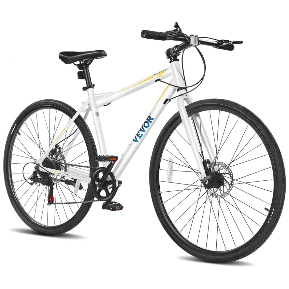 VEVOR Hybrid Bike, Lightweight Aluminum Frame Bike, 700c Wheel Men Women Hybrid Bicycle, Step-Over Adult Urban City Commuter Bikes, with 7 Speed, Alloy Adjustable Stem, Disc Brakes, Adjustable Seat