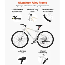 VEVOR Hybrid Bike, Lightweight Aluminum Frame Bike, 700c Wheel Men Women Hybrid Bicycle, Step-Over Adult Urban City Commuter Bikes, with 7 Speed, Alloy Adjustable Stem, Disc Brakes, Adjustable Seat