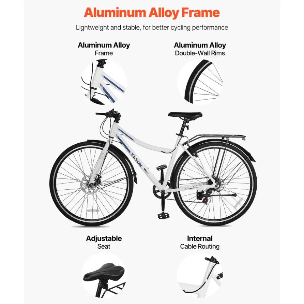 VEVOR Hybrid Bike, Lightweight Aluminum Frame Bike, 700c Wheel Men and Women Hybrid Bicycle, Step-Through Adult Urban City Commuter Bikes with 7-Speed Shimano Drivetrain, Dual Brake, Adjustable Seat