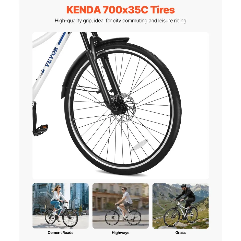 VEVOR Hybrid Bike, Lightweight Aluminum Frame Bike, 700c Wheel Men and Women Hybrid Bicycle, Step-Through Adult Urban City Commuter Bikes, 21-Speed Shimano Drivetrain, Dual Brakes, Front Suspension