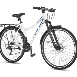 VEVOR Hybrid Bike, Lightweight Aluminum Frame Bike, 700c Wheel Men and Women Hybrid Bicycle, Step-Through Adult Urban City Commuter Bikes, 21-Speed Shimano Drivetrain, Dual Brakes, Front Suspension
