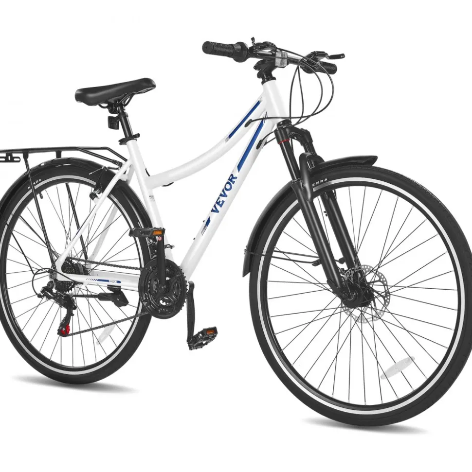 VEVOR Hybrid Bike, Lightweight Aluminum Frame Bike, 700c Wheel Men and Women Hybrid Bicycle, Step-Through Adult Urban City Commuter Bikes, 21-Speed Shimano Drivetrain, Dual Brakes, Front Suspension