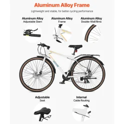 VEVOR Hybrid Bike, Lightweight Aluminum Frame Bike, 700c Wheel Men Women Hybrid Bicycle, Step-Over Adult Urban City Commuter Bikes, with 24-Speed Shimano Drivetrain, Alloy Adjustable Stem, Dual Brakes