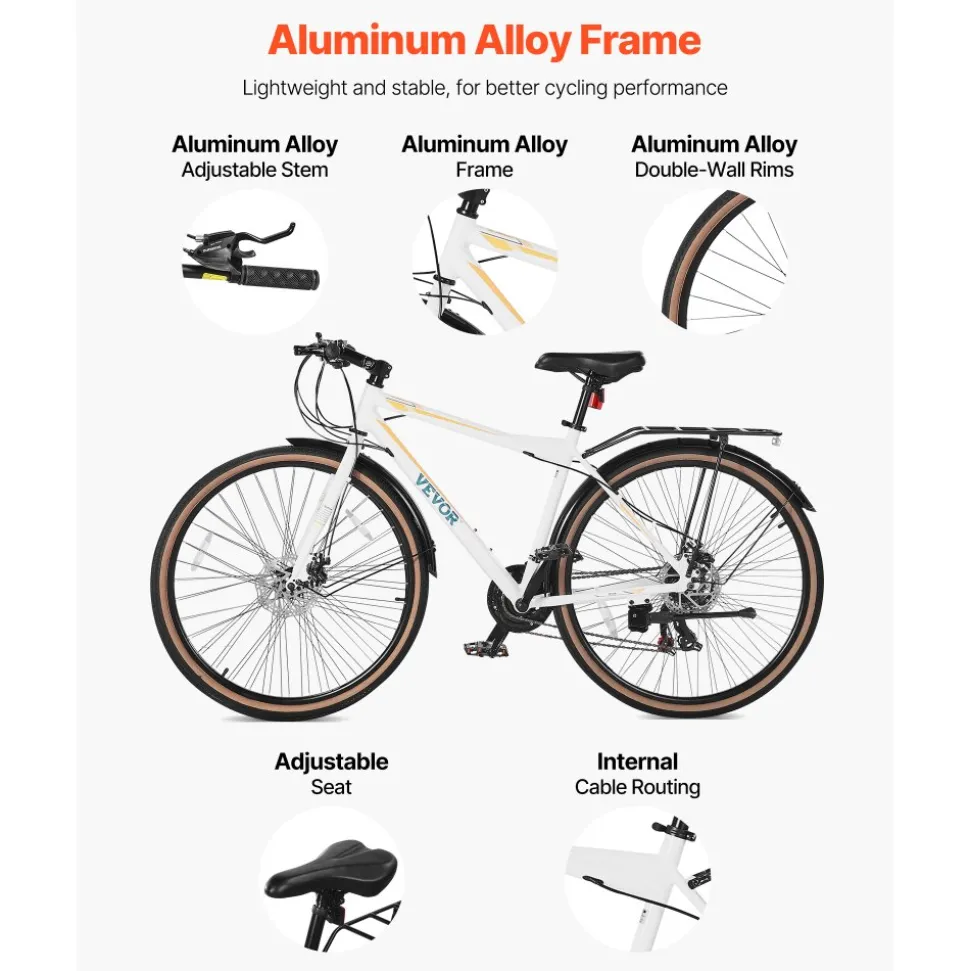 VEVOR Hybrid Bike, Lightweight Aluminum Frame Bike, 700c Wheel Men Women Hybrid Bicycle, Step-Over Adult Urban City Commuter Bikes, with 24-Speed Shimano Drivetrain, Alloy Adjustable Stem, Dual Brakes