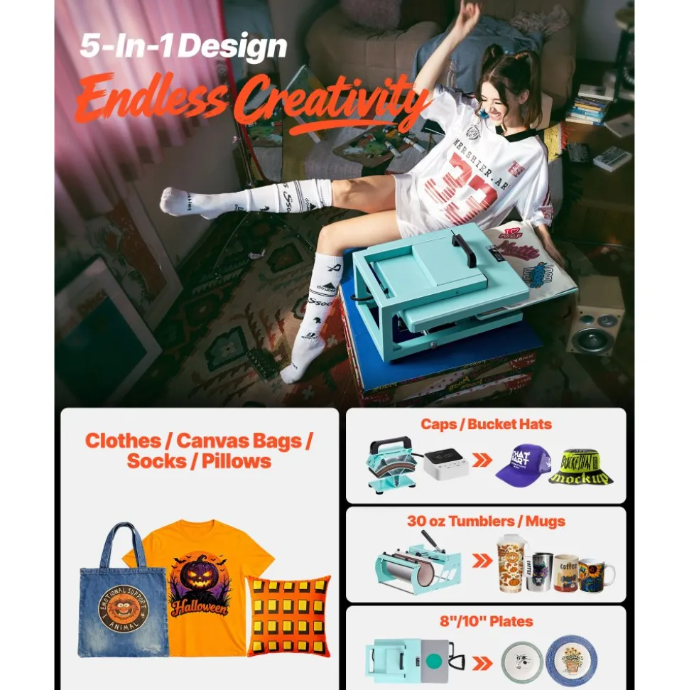 VEVOR Hybrid Heat Press, 15 x 15 inch, 5-in-1 Multifunction, Heat Up Fast and Even, All-New Patented Design, Easy to Control, Sublimation Press Machine for T-shirts/Tumblers/Caps/Plates, Light Green