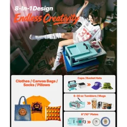 VEVOR Hybrid Heat Press, 15 x 15 inch, 8-in-1 Multifunction, Heat Up Fast and Even, All-New Patented Design, Easy to Control, Sublimation Press Machine for T-shirts/Tumblers/Caps/Plates, Light Green