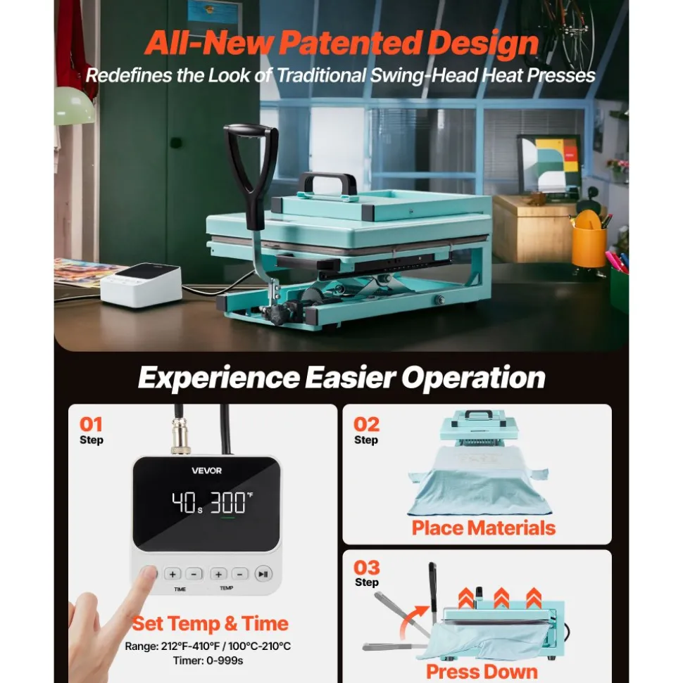 VEVOR Hybrid Heat Press, 15 x 15 inch, 8-in-1 Multifunction, Heat Up Fast and Even, All-New Patented Design, Easy to Control, Sublimation Press Machine for T-shirts/Tumblers/Caps/Plates, Light Green