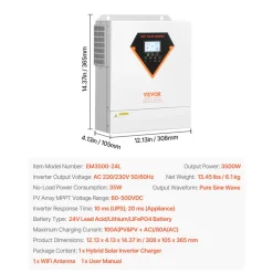VEVOR Hybrid Solar Inverter, 3500W, All in One Pure Sine Wave Power Inverter Charger, 24V DC to Single-Phase 220/230V AC, with 100A MPPT Solar Controller, for Off-Grid System Lead Acid Lithium Battery