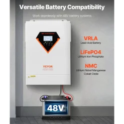 VEVOR Hybrid Solar Inverter, 6000W, All in One Pure Sine Wave Power Inverter Charger, 48V DC to Single-Phase 220/230V AC, with 120A MPPT Solar Controller, for Off-Grid System Lead Acid Lithium Battery