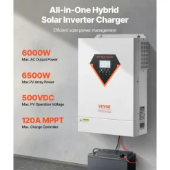 VEVOR Hybrid Solar Inverter, 6000W, All in One Pure Sine Wave Power Inverter Charger, 48V DC to Single-Phase 220/230V AC, with 120A MPPT Solar Controller, for Off-Grid System Lead Acid Lithium Battery