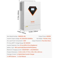 VEVOR Hybrid Solar Inverter, 6000W, All in One Pure Sine Wave Power Inverter Charger, 48V DC to Single-Phase 220/230V AC, with 120A MPPT Solar Controller, for Off-Grid System Lead Acid Lithium Battery