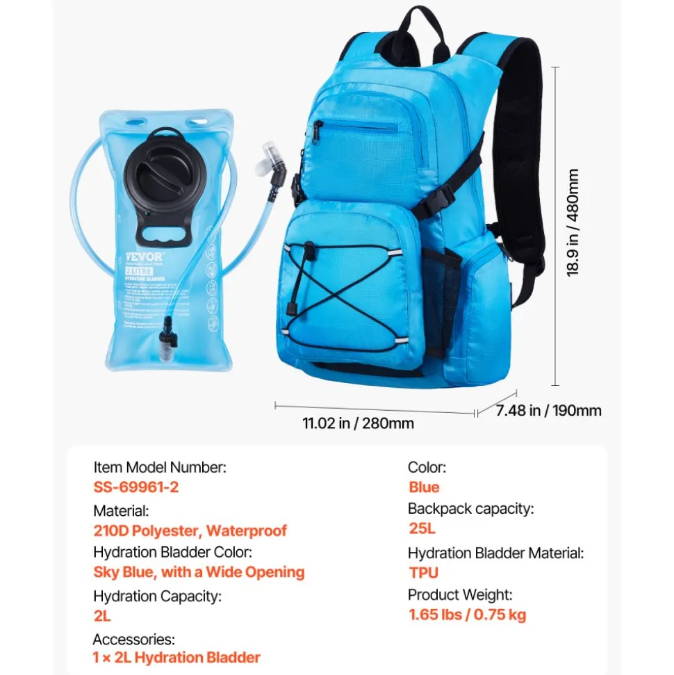 VEVOR Hydration Backpack, 25L Insulated Hydration Pack Backpack with 2L TPU Water Bladder, Hiking Water Backpack with Storage for Men Women, Hydro Water Daypack for Hiking Running Cycling Camping