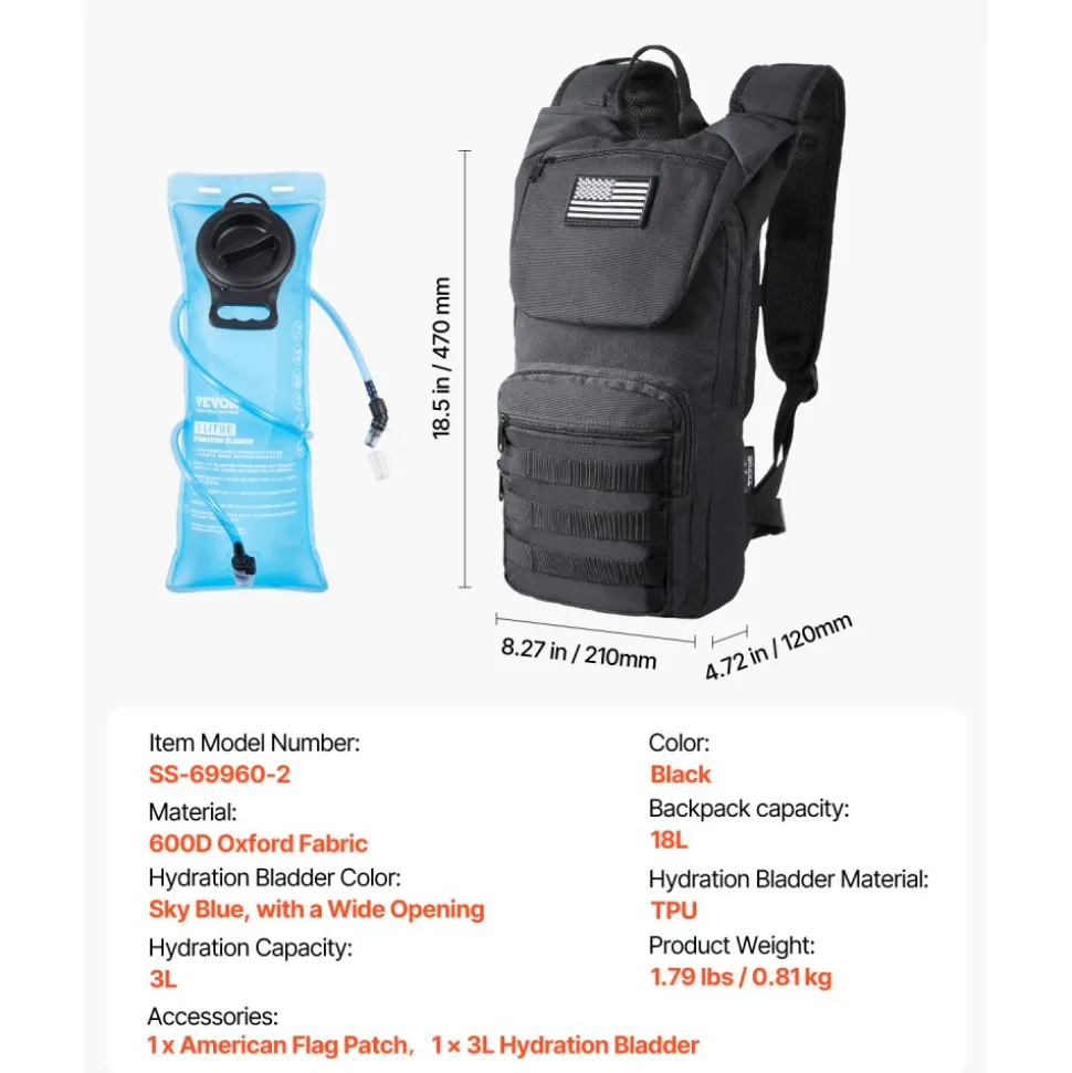VEVOR Hydration Backpack, Water Backpack with 3L TPU Water Bladder, Tactical Molle Hiking Hydration Pack with Storage for Men Women, Hydro Water Daypack for Hiking Running Cycling Camping