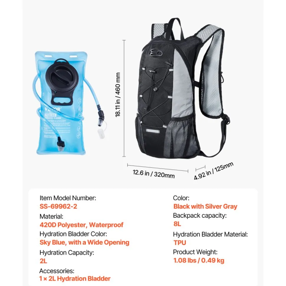 VEVOR Hydration Backpack with 2L TPU Water Bladder, Hydration Pack Backpack, Lightweight Hiking Water Backpack for Men Women, Hydro Water Daypack for Hiking, Running, Cycling, Camping & Rave