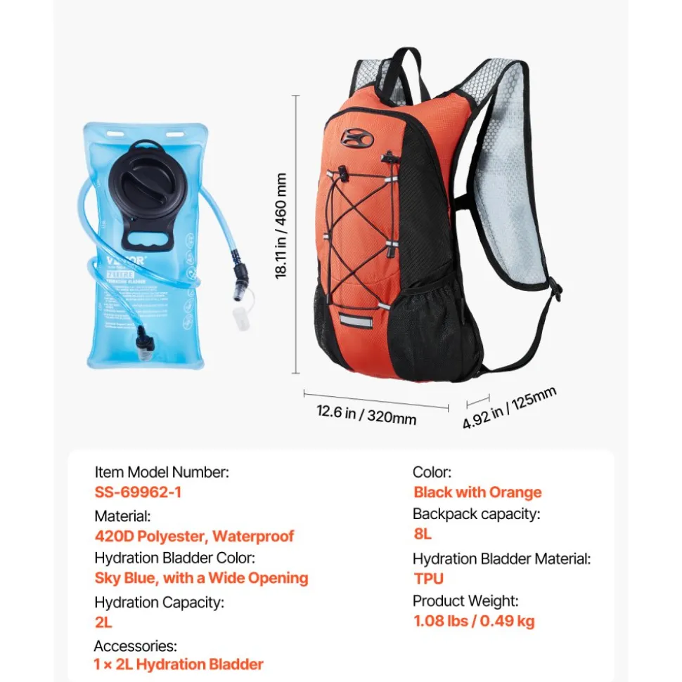 VEVOR Hydration Backpack with 2L TPU Water Bladder, Hydration Pack Backpack, Lightweight Hiking Water Backpack for Men Women, Hydro Water Daypack for Hiking, Running, Cycling, Camping & Rave