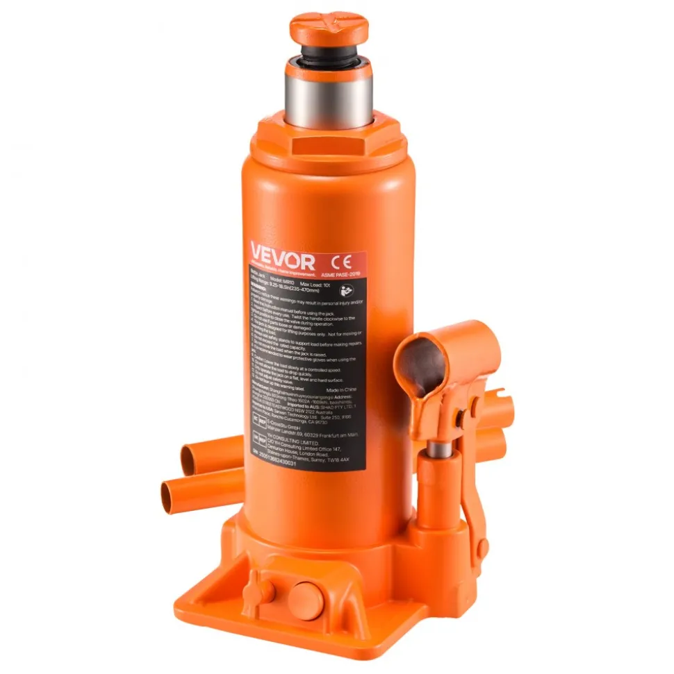 VEVOR Hydraulic Bottle Jack, 10 Ton (22046 lbs) Capacity, 9.3-18.5 Inch Lifting Range, Heavy Duty Welded Bottle Jack for Car, SUV, Pickup, Auto Repair, House Lift and Agricultural Equipment, Orange