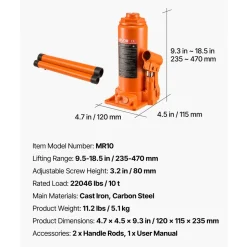VEVOR Hydraulic Bottle Jack, 10 Ton (22046 lbs) Capacity, 9.3-18.5 Inch Lifting Range, Heavy Duty Welded Bottle Jack for Car, SUV, Pickup, Auto Repair, House Lift and Agricultural Equipment, Orange