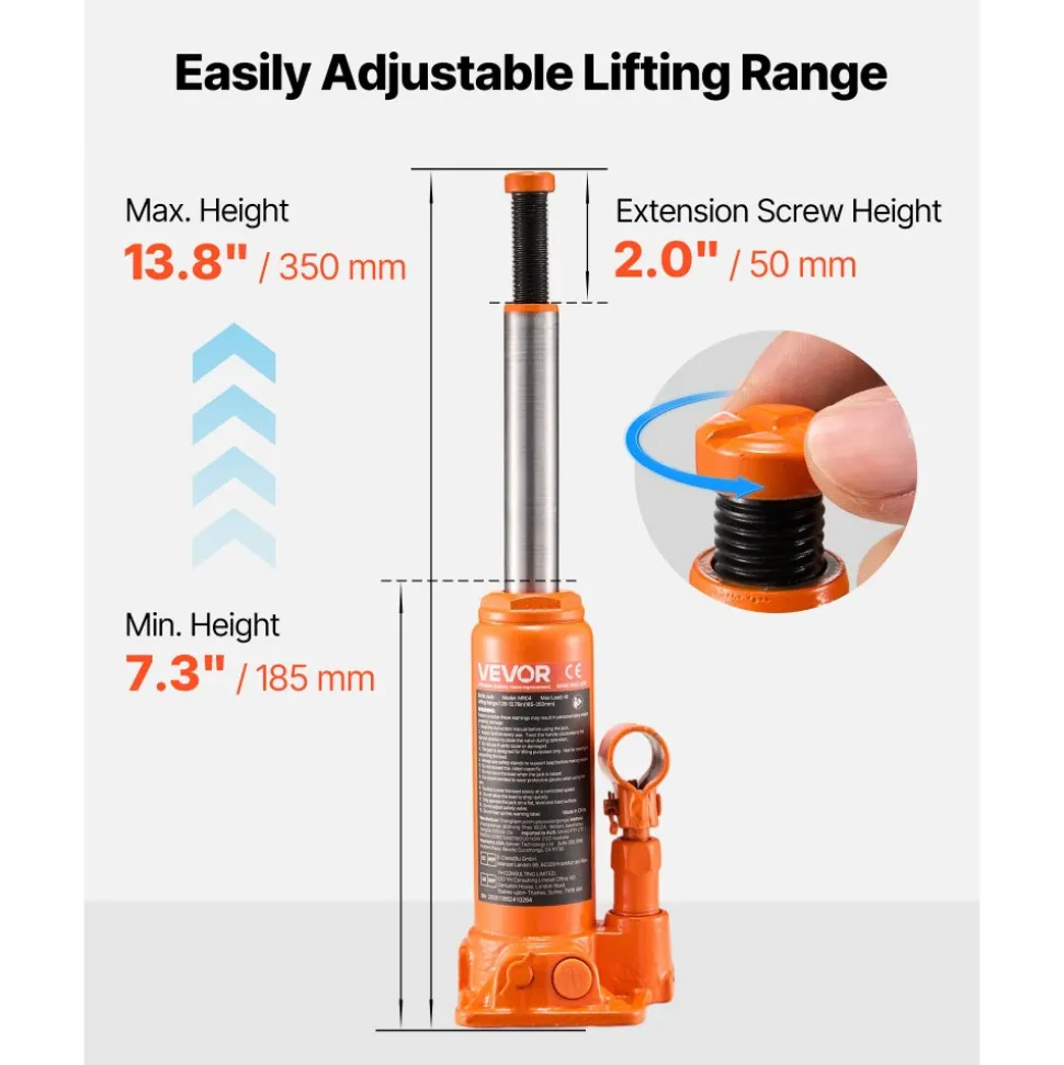 VEVOR Hydraulic Bottle Jack, 4 Ton (8818.4 lbs) Capacity, 7.3-13.8 Inch Lifting Range, Heavy Duty Welded Bottle Jack for Car, SUV, Pickup, Auto Repair, House Lift and Agricultural Equipment, Orange