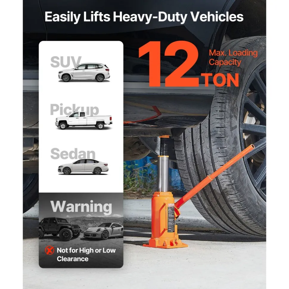 VEVOR Hydraulic Bottle Jack, 12 Ton (26455.5 lbs) Capacity, 8.1-15.7 Inch Lifting Range, Heavy Duty Welded Bottle Jack for Car, SUV, Pickup, Auto Repair, House Lift and Agricultural Equipment, Orange