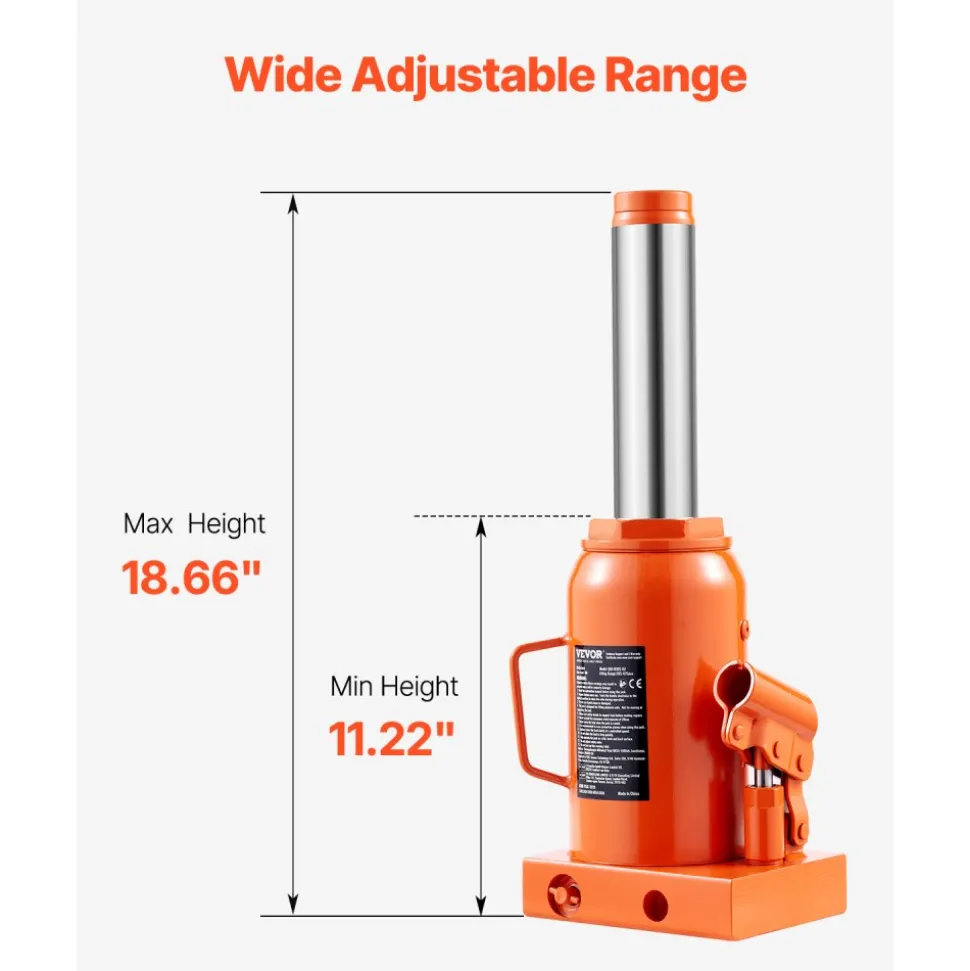 VEVOR Hydraulic Bottle Jack, 30 Ton/66138 lbs Welded Bottle Jack with 11.22''-18.66'' Lifting Range & 3-Section Long Handle, for Car, Pickup, Truck, RV, Auto Repair, Industrial Engineering