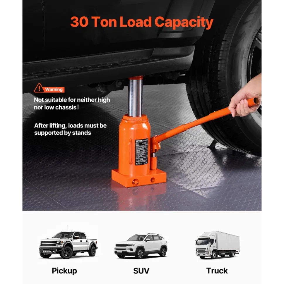 VEVOR Hydraulic Bottle Jack, 30 Ton/66138 lbs Welded Bottle Jack with 11.22''-18.66'' Lifting Range & 3-Section Long Handle, for Car, Pickup, Truck, RV, Auto Repair, Industrial Engineering