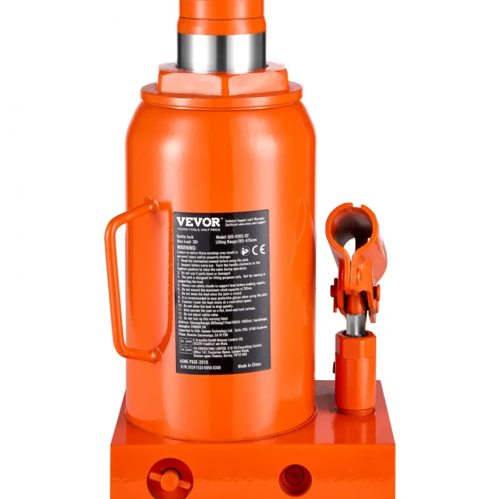 VEVOR Hydraulic Bottle Jack, 30 Ton/66138 lbs Welded Bottle Jack with 11.22''-18.66'' Lifting Range & 3-Section Long Handle, for Car, Pickup, Truck, RV, Auto Repair, Industrial Engineering