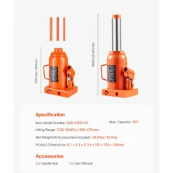 VEVOR Hydraulic Bottle Jack, 30 Ton/66138 lbs Welded Bottle Jack with 11.22''-18.66'' Lifting Range & 3-Section Long Handle, for Car, Pickup, Truck, RV, Auto Repair, Industrial Engineering