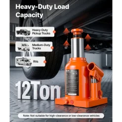 VEVOR Hydraulic Bottle Jack 12 Ton (26455.5 lbs) 5.98"-10.71" Lifting Range, for Heavy-Duty Pickup, Medium-Duty Truck, RV, Auto Repair and House Lift, Welded Jack with 3-Section Long Handle, Orange