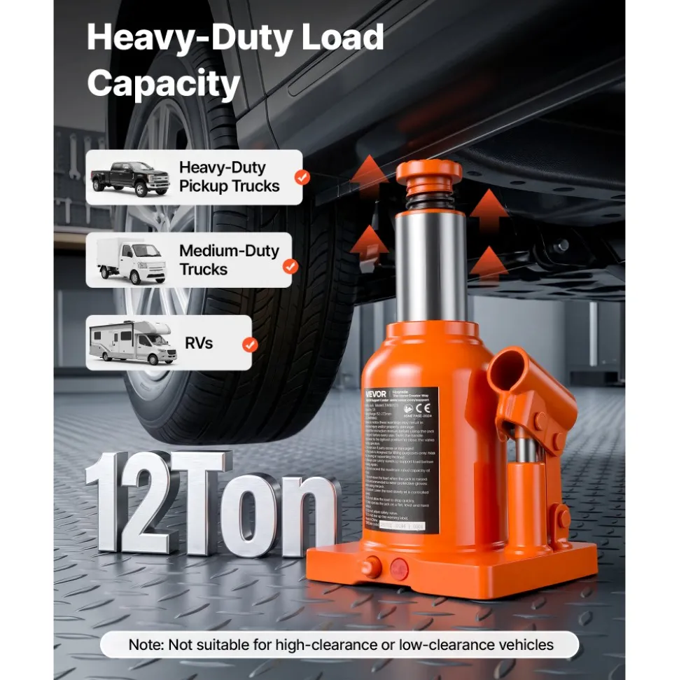VEVOR Hydraulic Bottle Jack 12 Ton (26455.5 lbs) 5.98"-10.71" Lifting Range, for Heavy-Duty Pickup, Medium-Duty Truck, RV, Auto Repair and House Lift, Welded Jack with 3-Section Long Handle, Orange