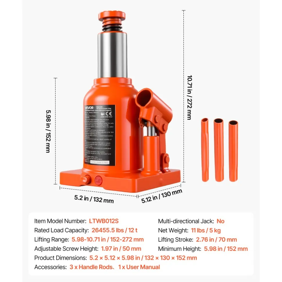 VEVOR Hydraulic Bottle Jack 12 Ton (26455.5 lbs) 5.98"-10.71" Lifting Range, for Heavy-Duty Pickup, Medium-Duty Truck, RV, Auto Repair and House Lift, Welded Jack with 3-Section Long Handle, Orange