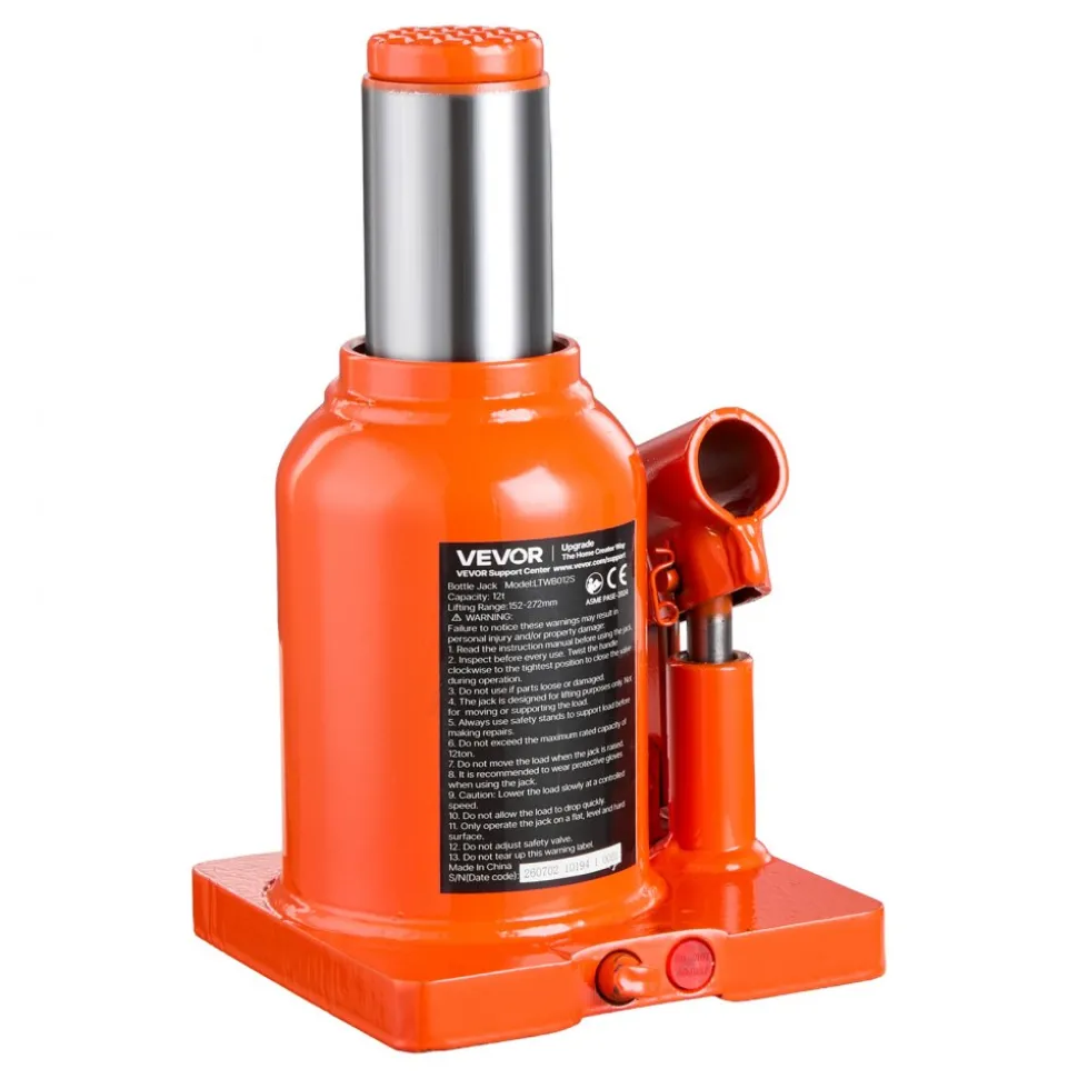 VEVOR Hydraulic Bottle Jack 12 Ton (26455.5 lbs) 5.98"-10.71" Lifting Range, for Heavy-Duty Pickup, Medium-Duty Truck, RV, Auto Repair and House Lift, Welded Jack with 3-Section Long Handle, Orange