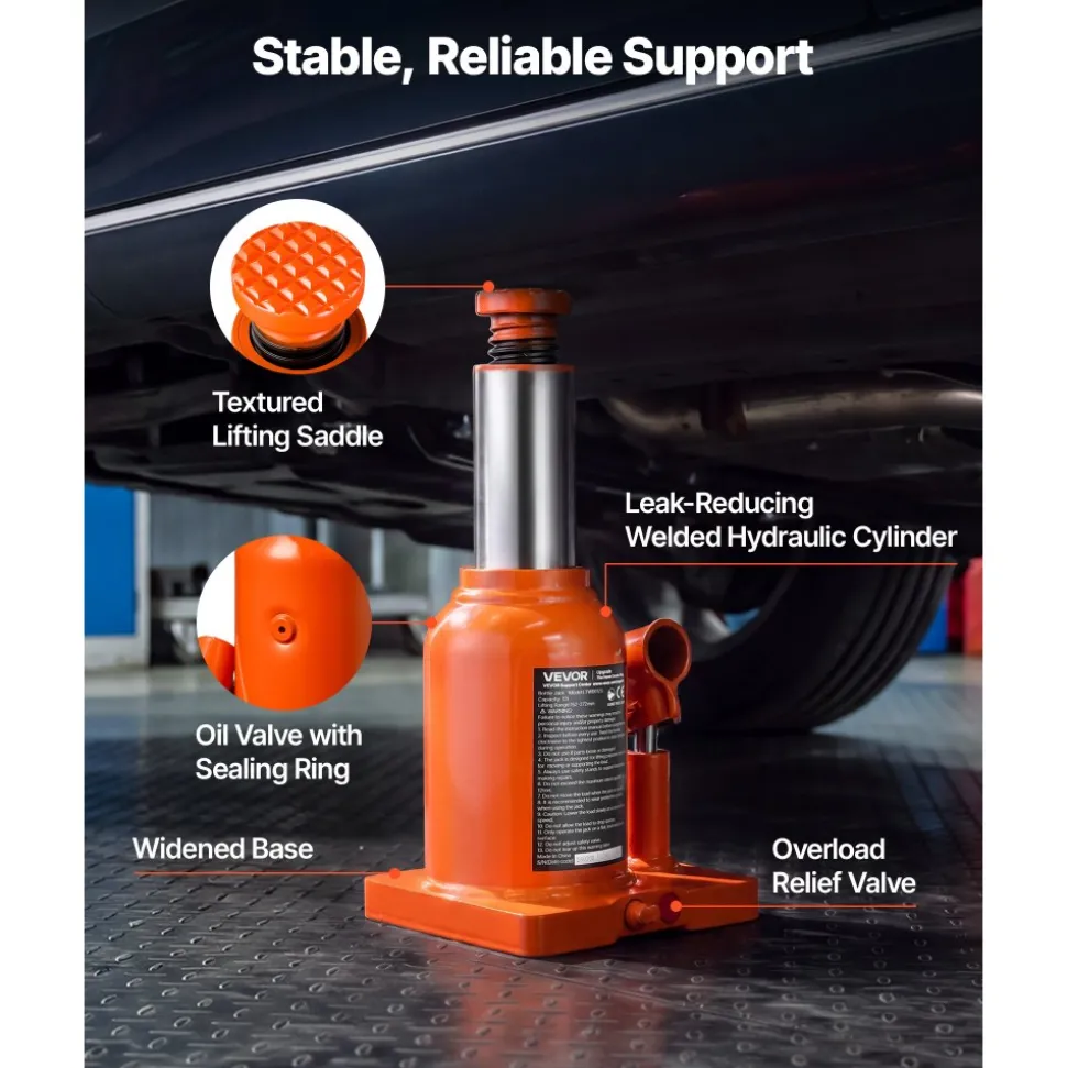 VEVOR Hydraulic Bottle Jack 12 Ton (26455.5 lbs) 5.98"-10.71" Lifting Range, for Heavy-Duty Pickup, Medium-Duty Truck, RV, Auto Repair and House Lift, Welded Jack with 3-Section Long Handle, Orange