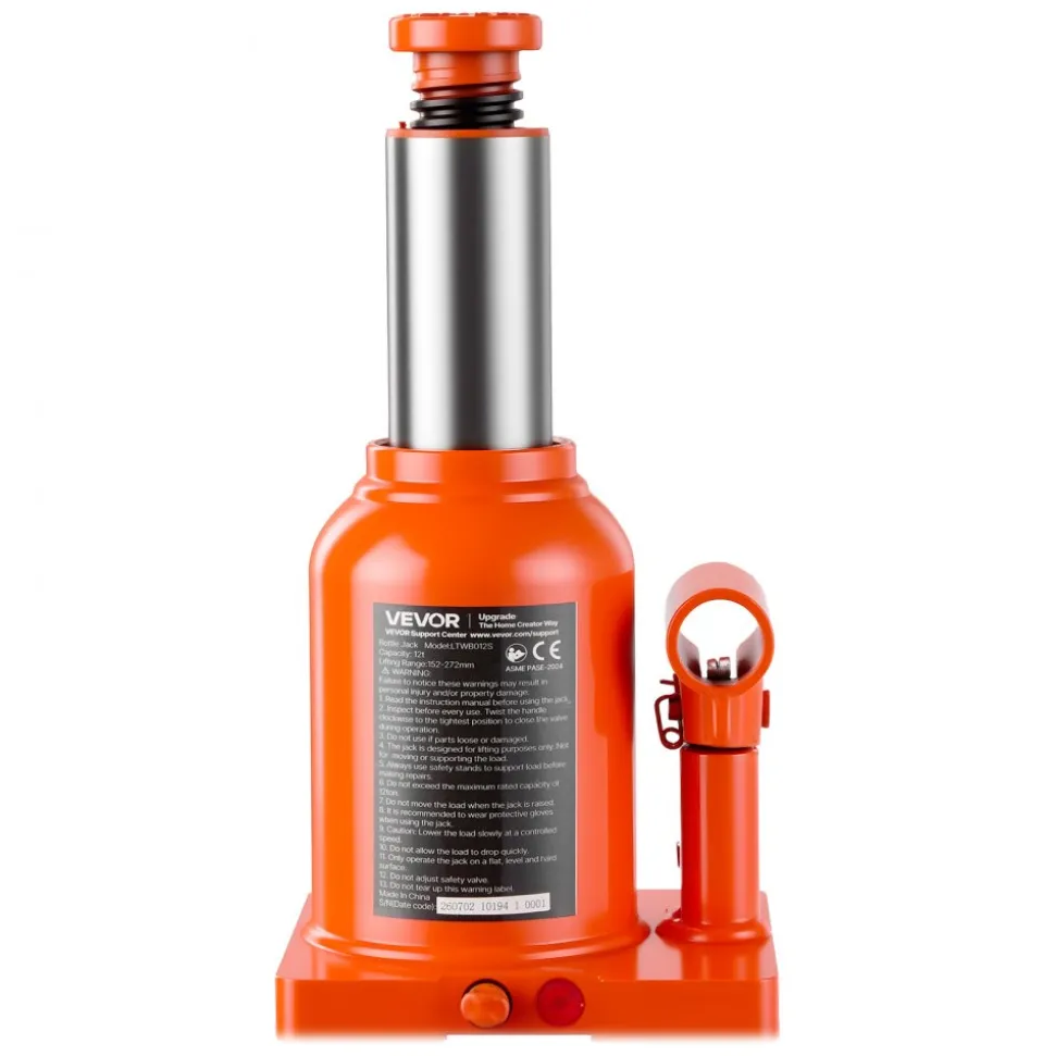 VEVOR Hydraulic Bottle Jack 12 Ton (26455.5 lbs) 5.98"-10.71" Lifting Range, for Heavy-Duty Pickup, Medium-Duty Truck, RV, Auto Repair and House Lift, Welded Jack with 3-Section Long Handle, Orange
