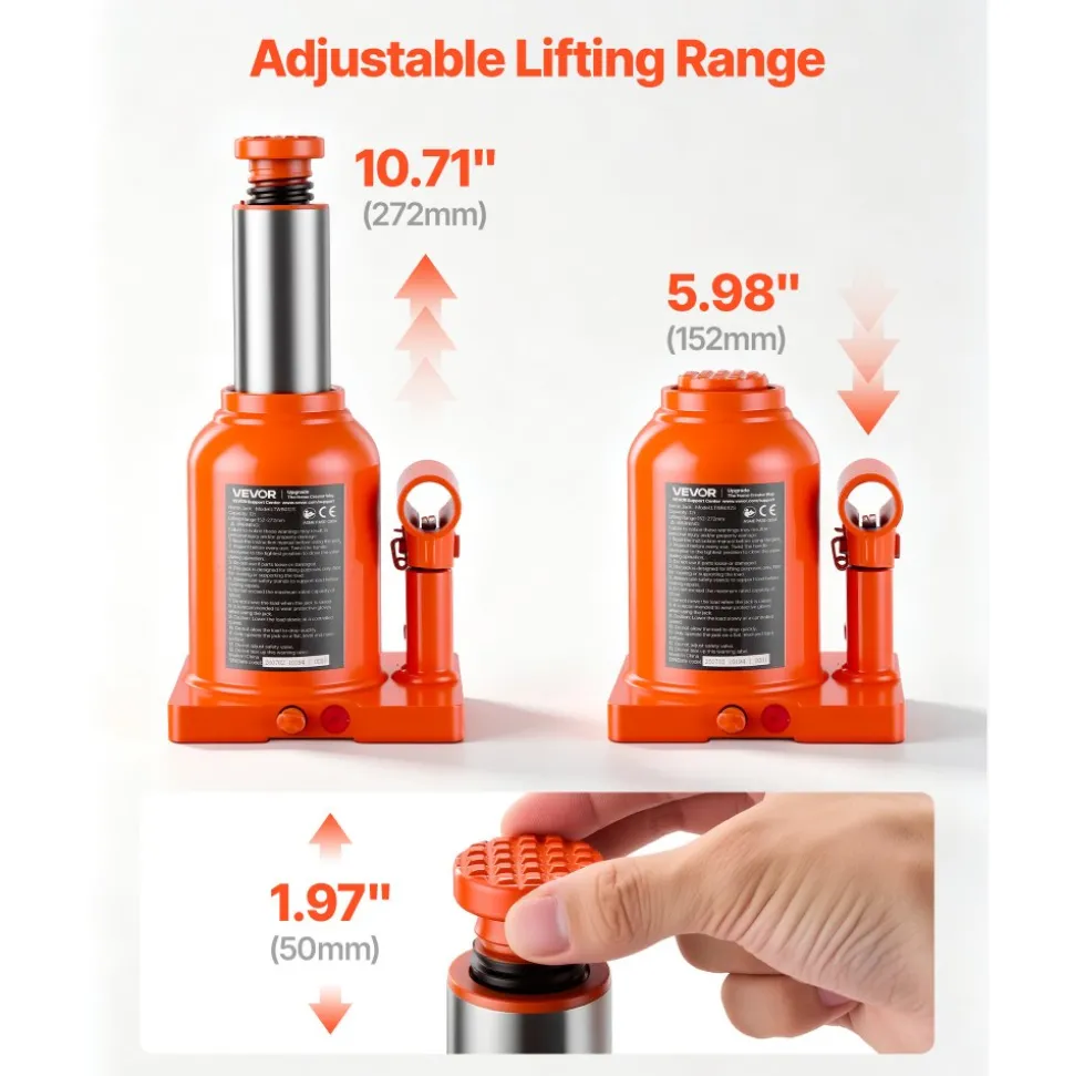 VEVOR Hydraulic Bottle Jack 12 Ton (26455.5 lbs) 5.98"-10.71" Lifting Range, for Heavy-Duty Pickup, Medium-Duty Truck, RV, Auto Repair and House Lift, Welded Jack with 3-Section Long Handle, Orange