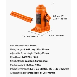 VEVOR Hydraulic Bottle Jack, 20 Ton (44092 lbs) Capacity, 8.9-17.1 Inch Lifting Range, Heavy Duty Welded Bottle Jack for Car, SUV, Pickup, Auto Repair, House Lift and Agricultural Equipment, Orange