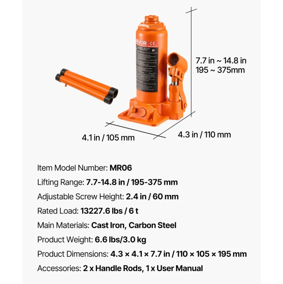 VEVOR Hydraulic Bottle Jack, 6 Ton (13227.6 lbs) Capacity, 7.7-14.8 Inch Lifting Range, Heavy Duty Welded Bottle Jack for Car, SUV, Pickup, Auto Repair, House Lift and Agricultural Equipment, Orange