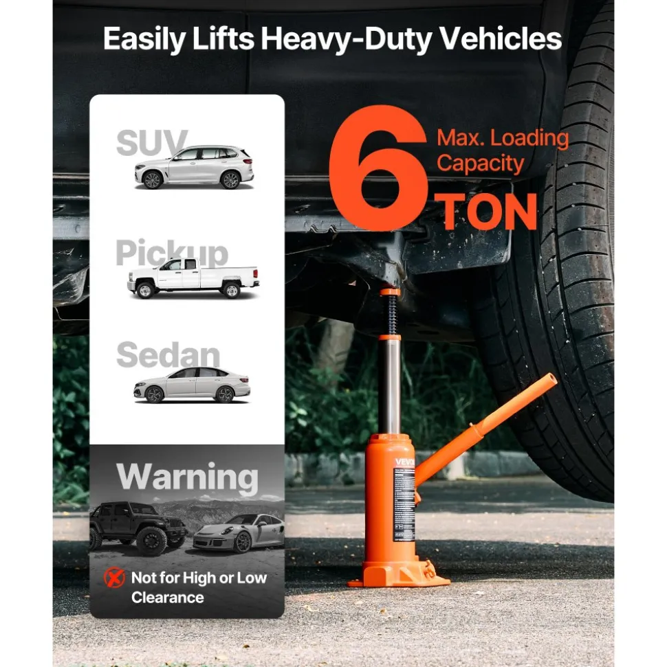 VEVOR Hydraulic Bottle Jack, 6 Ton (13227.6 lbs) Capacity, 7.7-14.8 Inch Lifting Range, Heavy Duty Welded Bottle Jack for Car, SUV, Pickup, Auto Repair, House Lift and Agricultural Equipment, Orange
