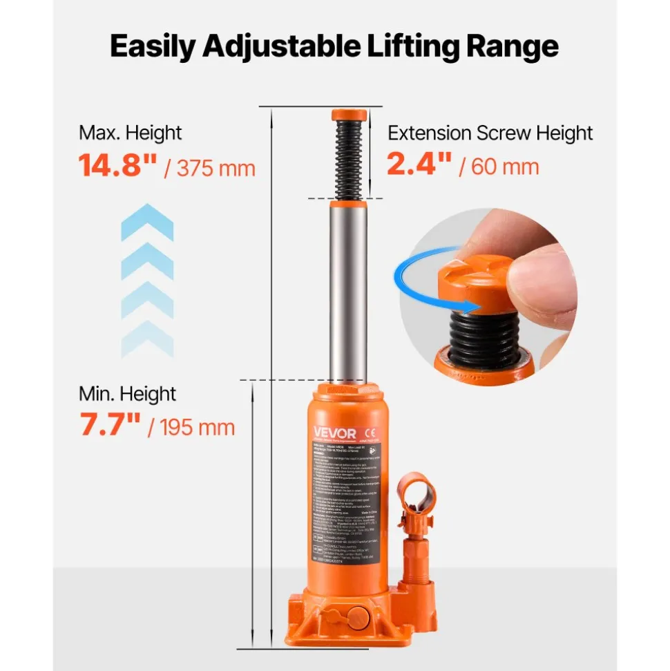 VEVOR Hydraulic Bottle Jack, 6 Ton (13227.6 lbs) Capacity, 7.7-14.8 Inch Lifting Range, Heavy Duty Welded Bottle Jack for Car, SUV, Pickup, Auto Repair, House Lift and Agricultural Equipment, Orange