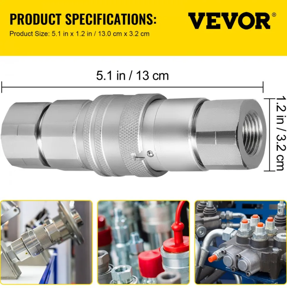VEVOR Hydraulic Coupler 1/2 Body with 1/2" NPT Thread 27.6 MPa Hydraulic Quick Connect 4 Pairs Hydraulic Coupling Quick Connect 45.5 L/min Hydraulic Quick Coupler
