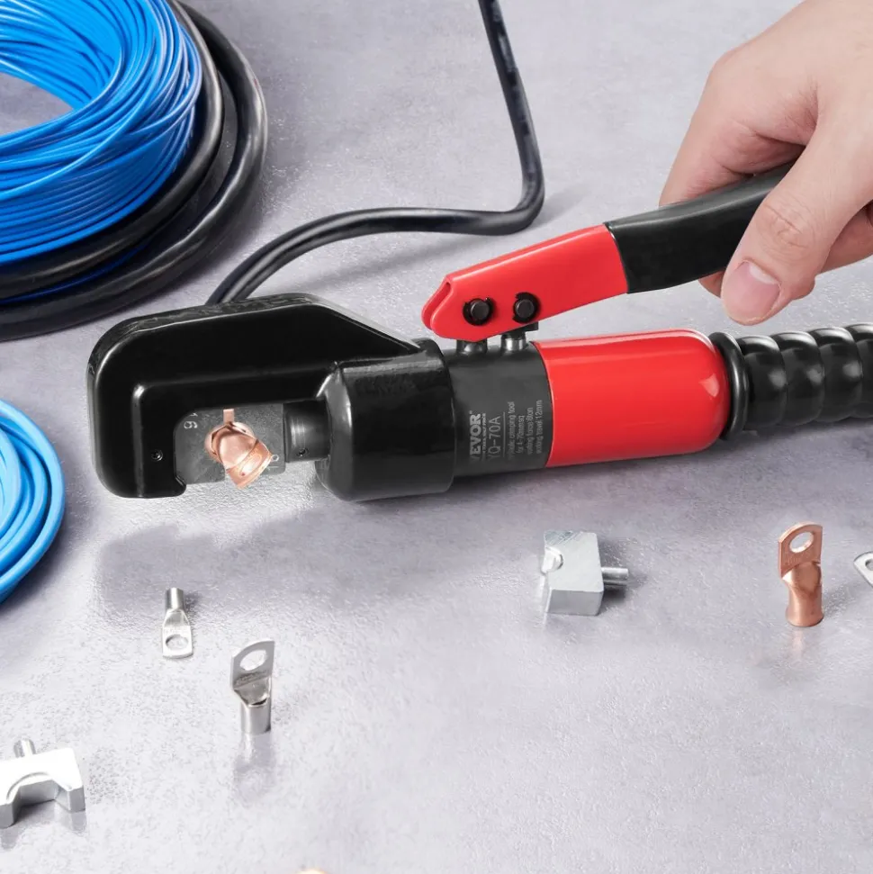 VEVOR Hydraulic Crimping Tool with 9 Sets of Dies AWG12-2/0 Copper And Aluminum Terminal Battery Lug Crimper, with a Cutting Pliers, Gloves, 5pcs Copper Ring Connectors, 8pcs Heat Shrink Sleeves