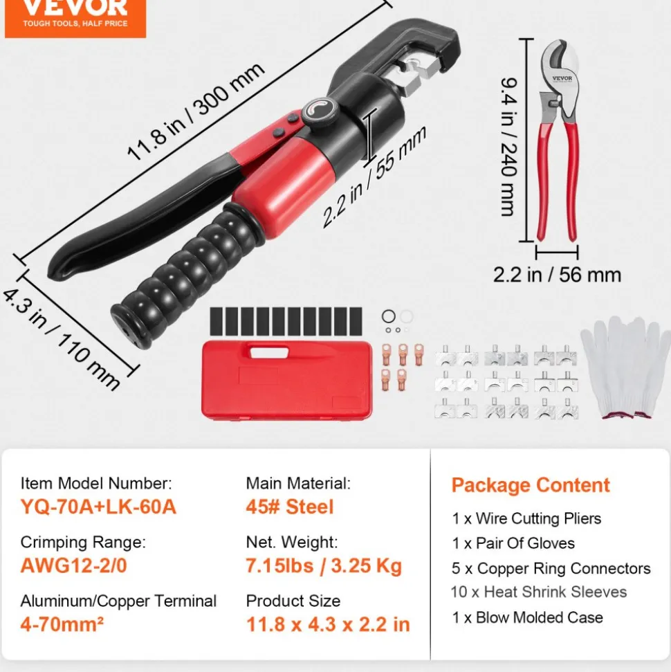 VEVOR Hydraulic Crimping Tool with 9 Sets of Dies AWG12-2/0 Copper And Aluminum Terminal Battery Lug Crimper, with a Cutting Pliers, Gloves, 5pcs Copper Ring Connectors, 8pcs Heat Shrink Sleeves