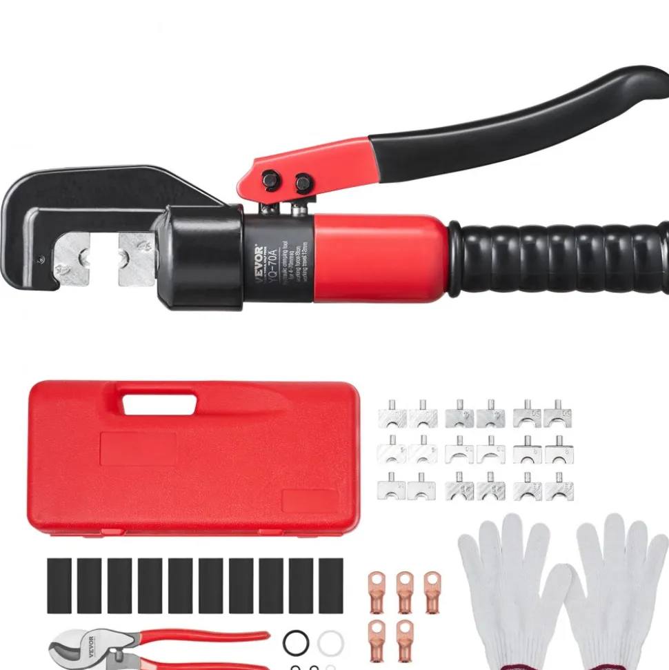 VEVOR Hydraulic Crimping Tool with 9 Sets of Dies AWG12-2/0 Copper And Aluminum Terminal Battery Lug Crimper, with a Cutting Pliers, Gloves, 5pcs Copper Ring Connectors, 8pcs Heat Shrink Sleeves