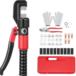 VEVOR Hydraulic Crimping Tool with 9 Sets of Dies AWG12-2/0 Copper And Aluminum Terminal Battery Lug Crimper, with a Cutting Pliers, Gloves, 5pcs Copper Ring Connectors, 8pcs Heat Shrink Sleeves