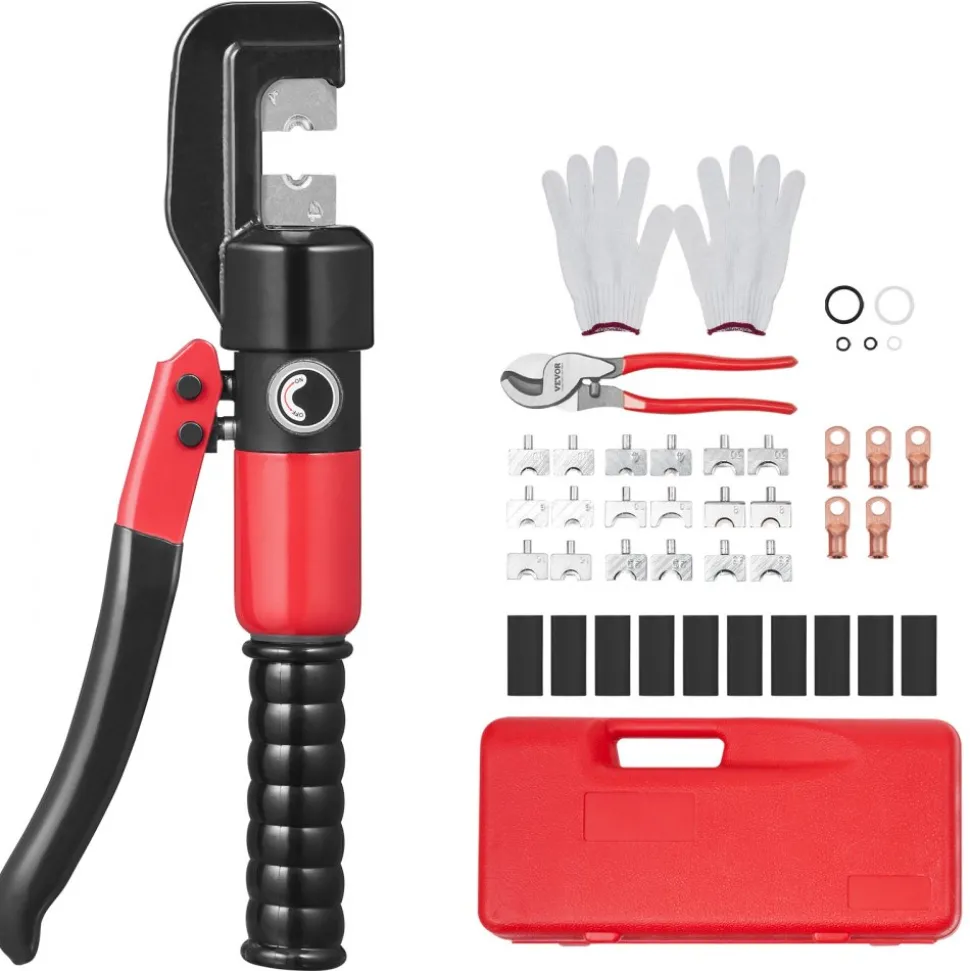 VEVOR Hydraulic Crimping Tool with 9 Sets of Dies AWG12-2/0 Copper And Aluminum Terminal Battery Lug Crimper, with a Cutting Pliers, Gloves, 5pcs Copper Ring Connectors, 8pcs Heat Shrink Sleeves