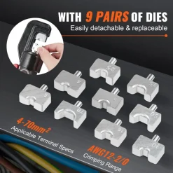 VEVOR Hydraulic Crimping Tool with 9 Sets of Dies AWG12-2/0 Copper And Aluminum Terminal Battery Lug Crimper, with a Cutting Pliers, Gloves, 5pcs Copper Ring Connectors, 8pcs Heat Shrink Sleeves