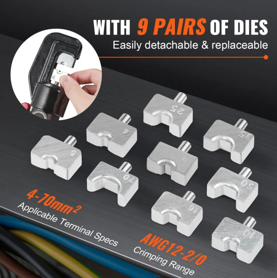 VEVOR Hydraulic Crimping Tool with 9 Sets of Dies AWG12-2/0 Copper And Aluminum Terminal Battery Lug Crimper, with a Cutting Pliers, Gloves, 5pcs Copper Ring Connectors, 8pcs Heat Shrink Sleeves