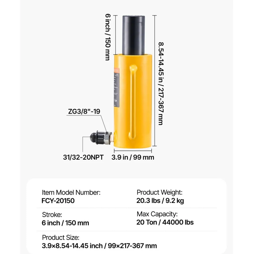 VEVOR Hydraulic Cylinder Jack, 20 Ton Solid Ram Hydraulic Cylinder, 6 Inch Stroke Single Acting Hydraulic Cylinder, with Quick Connector Portable Hydraulic Solid Jack Hydraulic Lifting Cylinders