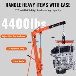 VEVOR Hydraulic Engine Hoist with Lever, 2 Ton/4400 LBS Heavy-duty Cherry Picker Shop Crane, Foldable Engine Crane and Engine Hoist leveler for Auto Repair, Motors, Weights Lifting, Loading