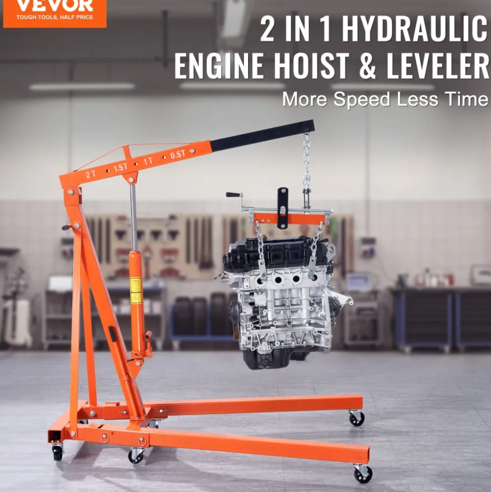 VEVOR Hydraulic Engine Hoist with Lever, 2 Ton/4400 LBS Heavy-duty Cherry Picker Shop Crane, Foldable Engine Crane and Engine Hoist leveler for Auto Repair, Motors, Weights Lifting, Loading